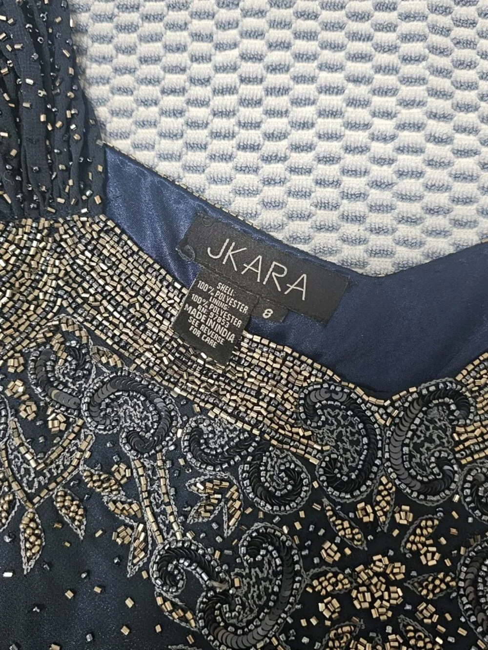 JKARA Navy Blue Long Sleeve Beaded Wedding Prom Formal Gown Women’s Dress Size 8 - Picture 4 of 7